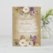 Bruin Ivory Paarse Floral Glitter Wedding Kaart (Staand voorkant)