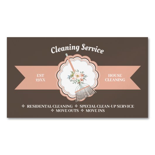 Bruin Janitorial Calligraphy Housekeeping Cleaning Magnetisch Visitekaartje (Voorkant)