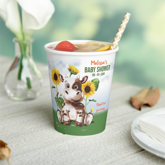 Bruin Jersey Koe Sunflower Baby shower Papieren Bekers (Insitu)