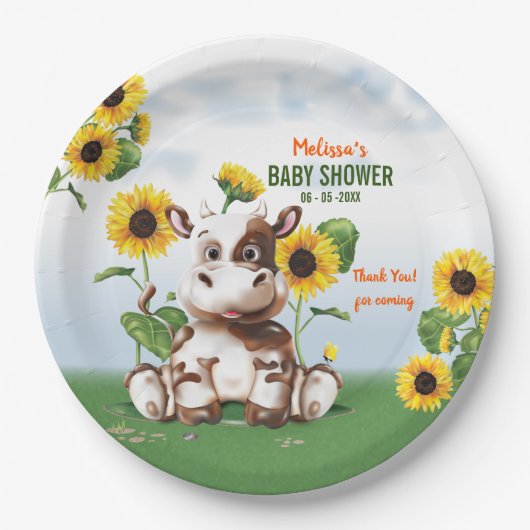 Bruin Jersey Koe Sunflower Baby shower Papieren Bordje (Voorkant)