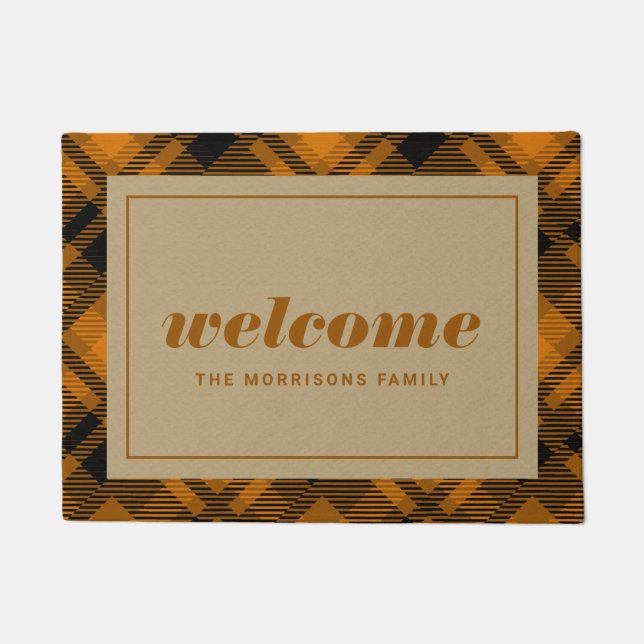 Bruin Kerstmis Plaid Gepersonaliseerd Welkom Deurmat (Voorkant)