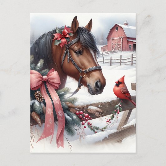 Bruin kerstpaard en kardinaal gepersonaliseerd briefkaart (Voorkant)