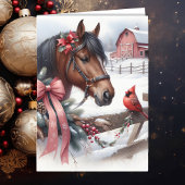 Bruin kerstpaard en kardinaal gepersonaliseerd feestdagen kaart
