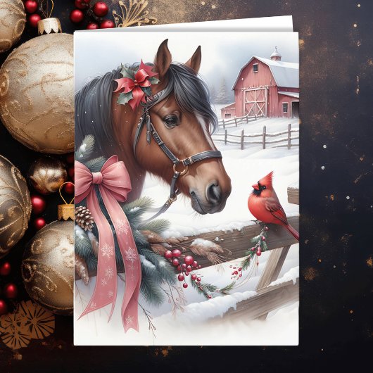 Bruin kerstpaard en kardinaal gepersonaliseerd feestdagen kaart