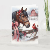 Bruin kerstpaard en kardinaal gepersonaliseerd feestdagen kaart (Voorkant)