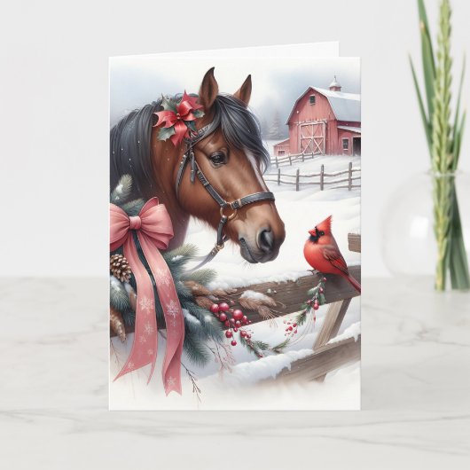 Bruin kerstpaard en kardinaal gepersonaliseerd feestdagen kaart (Voorkant)