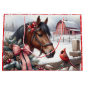 Bruin kerstpaard en kardinaal groot cadeauzakje (Voorkant)