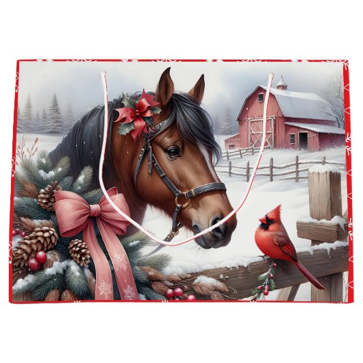 Bruin kerstpaard en kardinaal groot cadeauzakje (Voorkant)