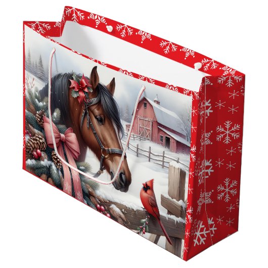 Bruin kerstpaard en kardinaal groot cadeauzakje (Voorkant Gekanteld)