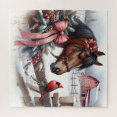 Bruin kerstpaard en kardinaal legpuzzel (Horizontaal)