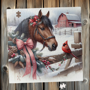 Bruin kerstpaard en kardinaal legpuzzel