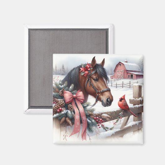 Bruin kerstpaard en kardinaal magneet (Voorkant / Achterkant)