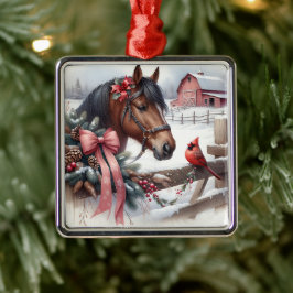 Bruin kerstpaard en kardinaal metalen ornament