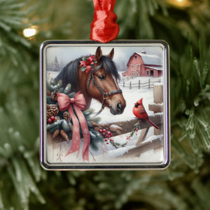 Bruin kerstpaard en kardinaal metalen ornament