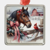 Bruin kerstpaard en kardinaal metalen ornament (Voorkant)