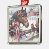 Bruin kerstpaard en kardinaal metalen ornament (Links)