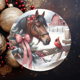Bruin kerstpaard en kardinaal ronde sticker