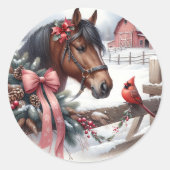 Bruin kerstpaard en kardinaal ronde sticker (Voorkant)