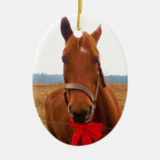 Bruin kerstpaard en rode boe keramisch ornament (Voorkant)