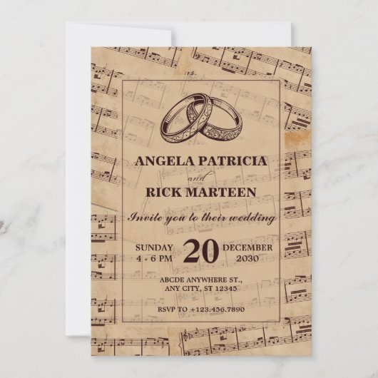 Bruin klassieke muzieknoten blad bruiloft kaart (Voorkant)