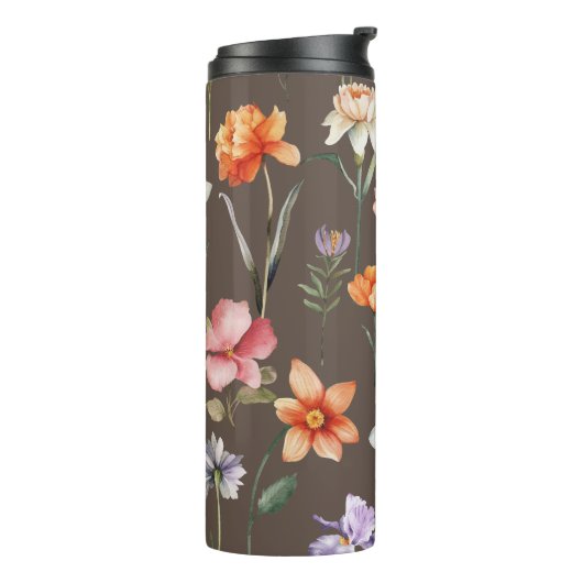 Bruin Kleurrijk Waterverf Wildflower Pattern Thermosbeker (Gedraaid links)