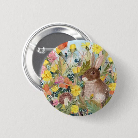 Bruin konijn en paardenbloemen Button (Voorkant /achterkant)