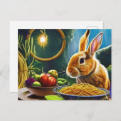 Bruin konijn met een kom vol spaghetti briefkaart (Voorkant / Achterkant)