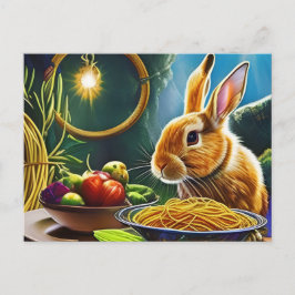 Bruin konijn met een kom vol spaghetti briefkaart