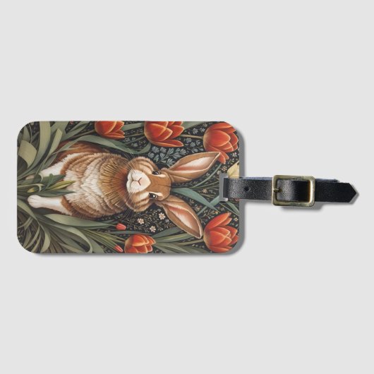 Bruin Konijn Rode Tulpen William Morris Geïnspiree Bagagelabel (Voorkant (horizontaal))