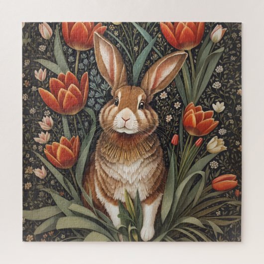 Bruin Konijn Rode Tulpen William Morris Geïnspiree Legpuzzel (Verticaal)