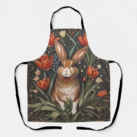 Bruin Konijn Rode Tulpen William Morris Geïnspiree Schort (Voorkant)