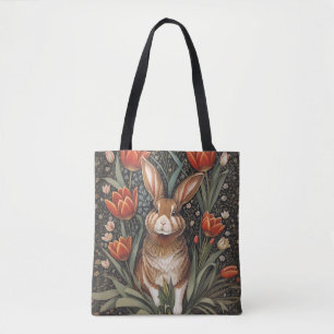 Bruin Konijn Rode Tulpen William Morris Geïnspiree Tote Bag