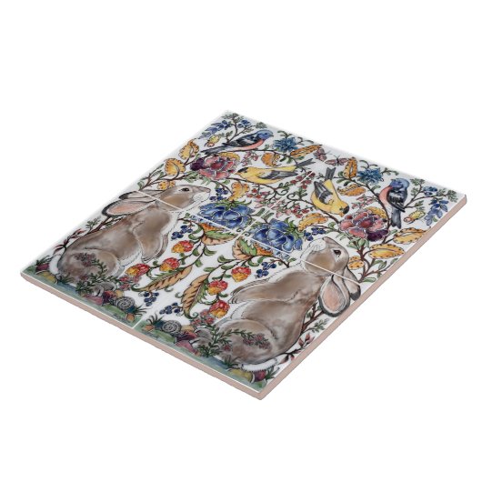 Bruin Konijnenkonijn Vogel  Jacobean Design Tegeltje (Zijkant)