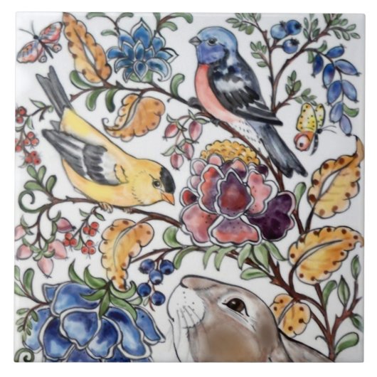 Bruin Konijntje Vogel Bloemen Top Faces L Tegeltje (Voorkant)