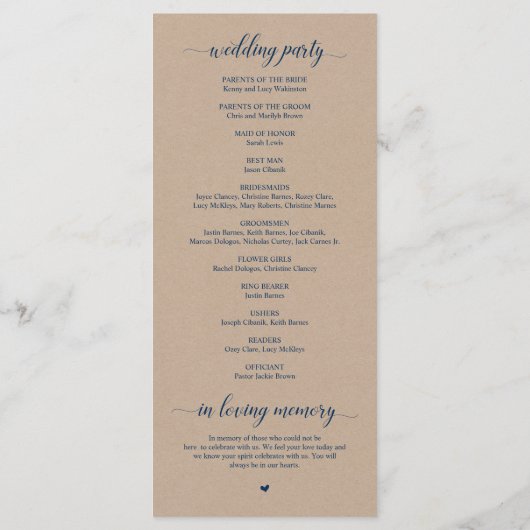 Bruin Kraft, Classy Navy Blue, huwelijksceremonie Programmakaart (Achterkant)