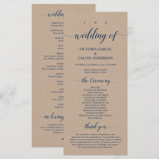 Bruin Kraft, Classy Navy Blue, huwelijksceremonie Programmakaart (Voorkant / Achterkant)