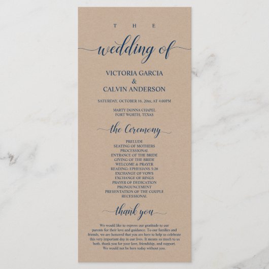 Bruin Kraft, Classy Navy Blue, huwelijksceremonie Programmakaart (Voorkant)