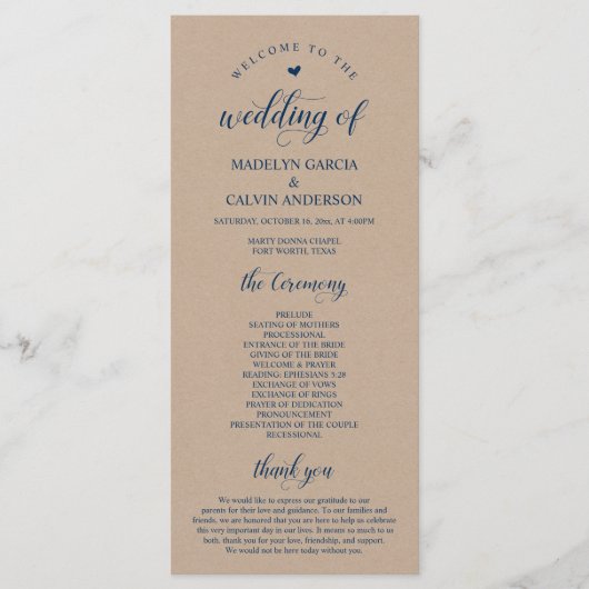 Bruin Kraft, Classy Navy Blue, huwelijksceremonie Programmakaart (Voorkant)