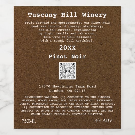 Bruin Kraft Effect Aangepaste QR-code Logo Beschri Wijn Etiket (Enkel label)