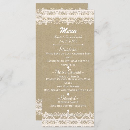 Bruin Kraft Papier & Rustiek Witte kant Menu (Voorkant / Achterkant)