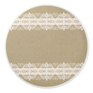 Bruin Kraftpapier & Rustieke Witte Kant Keramische Knop