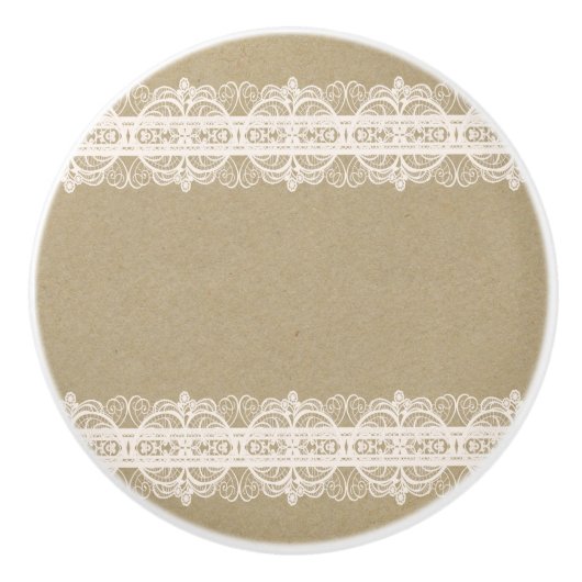Bruin Kraftpapier & Rustieke Witte Kant Keramische Knop (Voorkant)