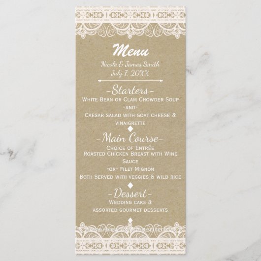 Bruin Kraftpapier & Rustieke Witte Kant Menu (Voorkant)