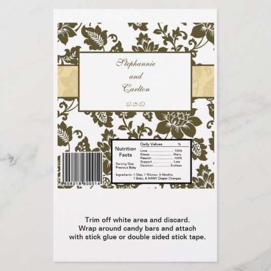 Bruin/Kreme Floral Damask Wedding Snoep Wrapper (Voorkant)