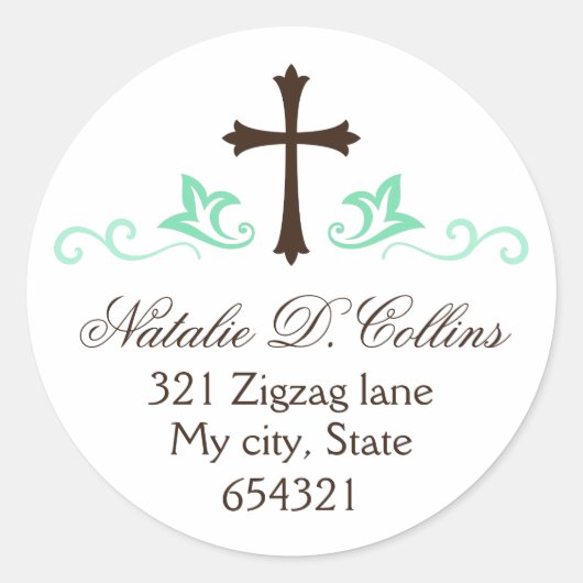 Bruin kruis munt groen bloeien aangepaste adres ronde sticker (Voorkant)
