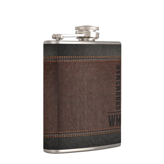 Bruin kunstleder Monogram Groomsman Gift Heupfles (Rechts)