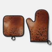 Bruin kunstleder ovenwant & pannenlap set (Voorkant)