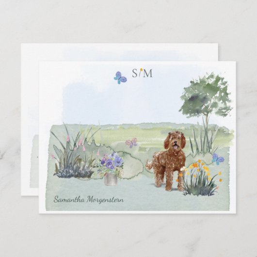 Bruin Labradoodle Dog Butterfly Monogram & naam Notitiekaartje (Voorkant / Achterkant)