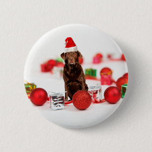 Bruin Labrador Hond Kerstmis w Gifts Santa Hat Ronde Button 5,7 Cm