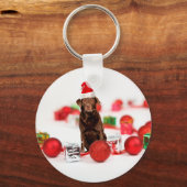 Bruin Labrador Hond Kerstmis w Gifts Santa Hat Sleutelhanger (Voorkant)